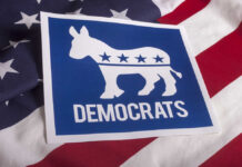 Democratic Party donkey logo on American flag background.
