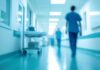 Blurred hospital corridor with medical staff walking
