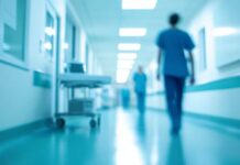 Blurred hospital corridor with medical staff walking