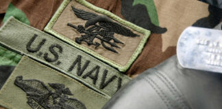 Military patches and dog tag on camouflage fabric