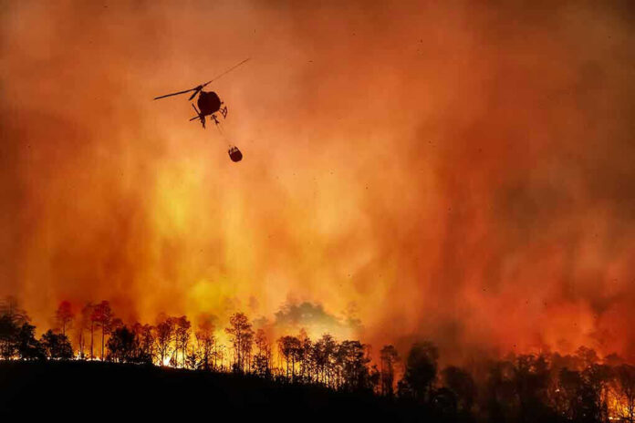 Helicopter fighting massive forest fire with water bucket