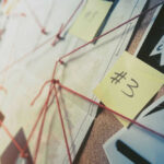 Investigation board with photos notes and red string