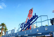 Dodger Stadium entrance with blue sky background