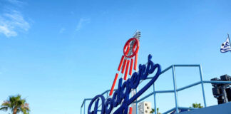 Dodger Stadium entrance with blue sky background