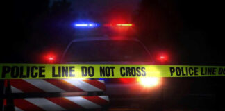 Police car with flashing lights behind caution tape