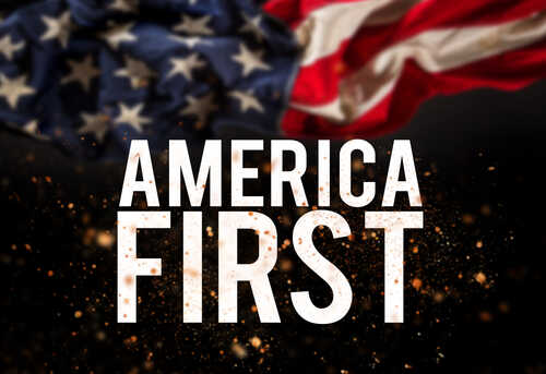 Text AMERICA FIRST overlaid on an American flag background