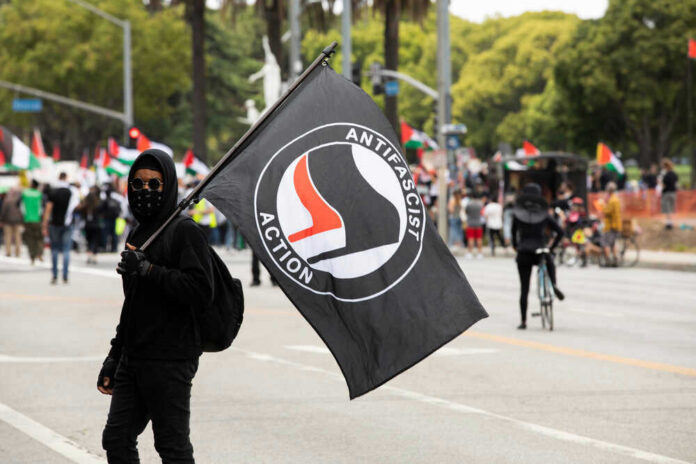 Person holding antifascist action flag at a protest