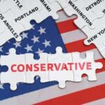 Puzzle pieces with the word CONSERVATIVE on an American flag background