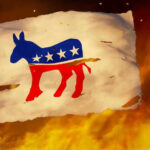 Democrat Candidate’s Nazi Tattoo EXPOSED Torn Democratic flag burning amid flames and embers.