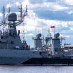 Russian military ships docked at harbor.