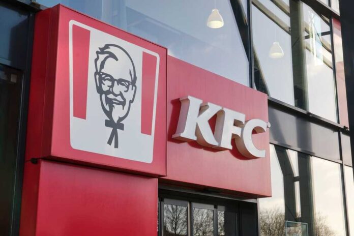 Exterior view of a KFC restaurant with its iconic logo