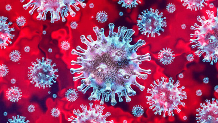 Illustration of coronavirus particles against a red background.