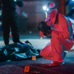 Soccer Star GUNNED DOWN Forensic investigator examines crime scene at night.