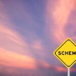 FRAUD SCHEME Rocks Leftists — Trump CUTS Funding A yellow warning sign with the word 'SCHEME' against a colorful sky