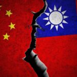 A cracked representation of the Chinese and Taiwanese flags symbolizing conflict