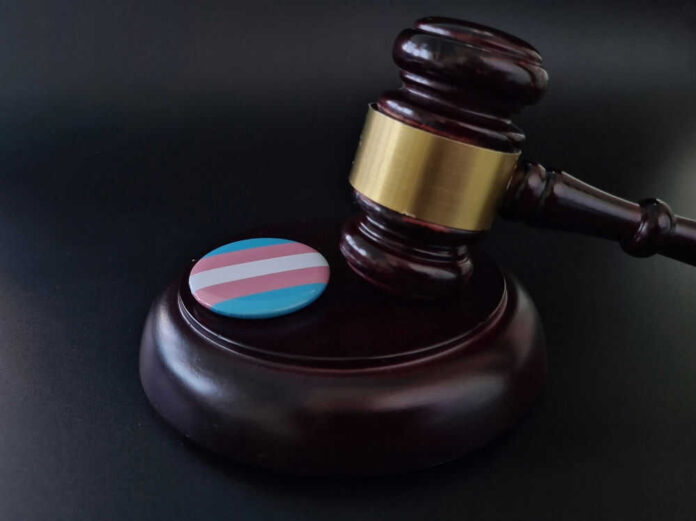 Gavel with transgender flag badge on black surface