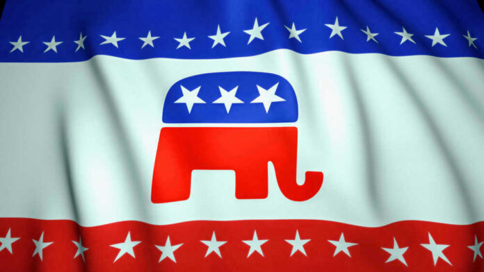 Republican Party elephant logo on American flag background.