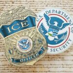 ICE badge and Department of Homeland Security emblem on a textured background