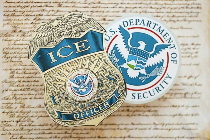 ICE badge and Department of Homeland Security emblem on a textured background