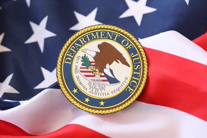 Department of Justice seal on an American flag background