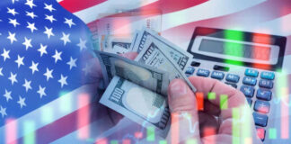 USA flag calculator and hands holding dollars overlapping