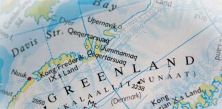 Close-up of a map showing Greenland and its geographical features