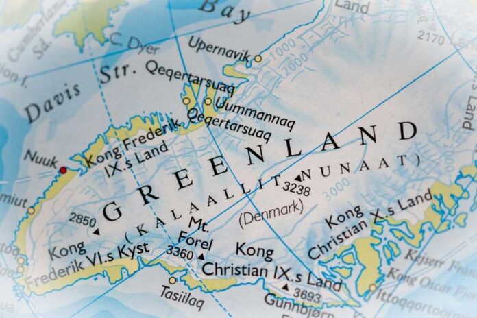 Close-up of a map showing Greenland and its geographical features