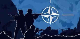 Silhouettes of soldiers with weapons against a blue background featuring the NATO emblem