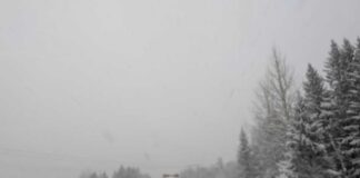 Snow-covered road with a truck driving in a blizzard