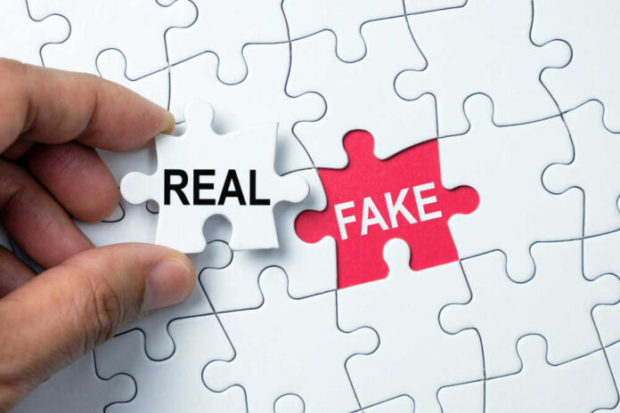 A hand holding a white puzzle piece labeled 'REAL' next to a red puzzle piece labeled 'FAKE'