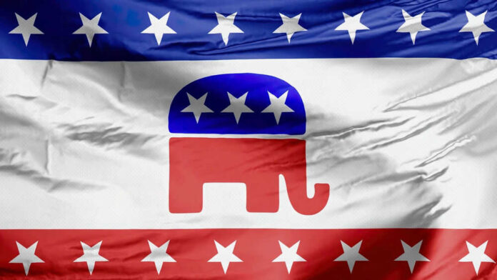 Republican party flag with elephant and stars.