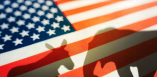 Donkey and elephant silhouettes on American flag background.