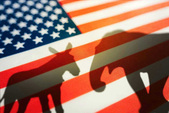 Donkey and elephant silhouettes on American flag background.