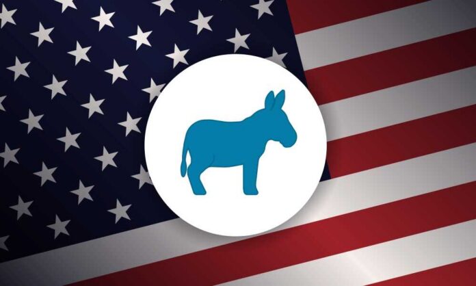 Blue donkey symbol on a background of the American flag