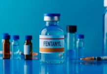 A vial labeled Fentanyl surrounded by various medical containers and a syringe