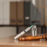 A syringe and vial placed next to a wooden gavel on a table