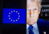 European Union flag next to Donald Trumps face