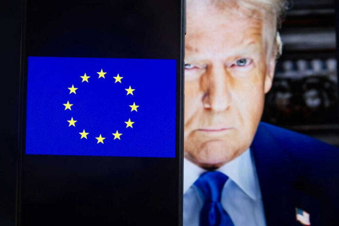 European Union flag next to Donald Trumps face