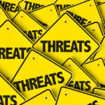 Trump Threatens Complete ANNIHILATION Yellow signs with the word threats overlapping