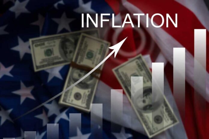 Graph indicating inflation with dollar bills on an American flag background