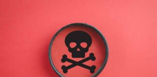 Magnifying glass focusing on a skull and crossbones symbol against a red background