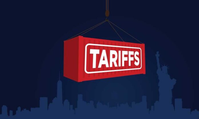 Red shipping container labeled 'TARIFFS' suspended above a city skyline
