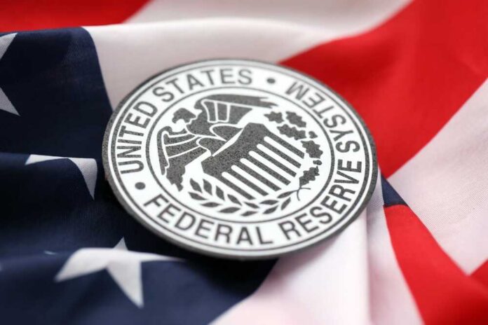 Federal Reserve emblem on an American flag background