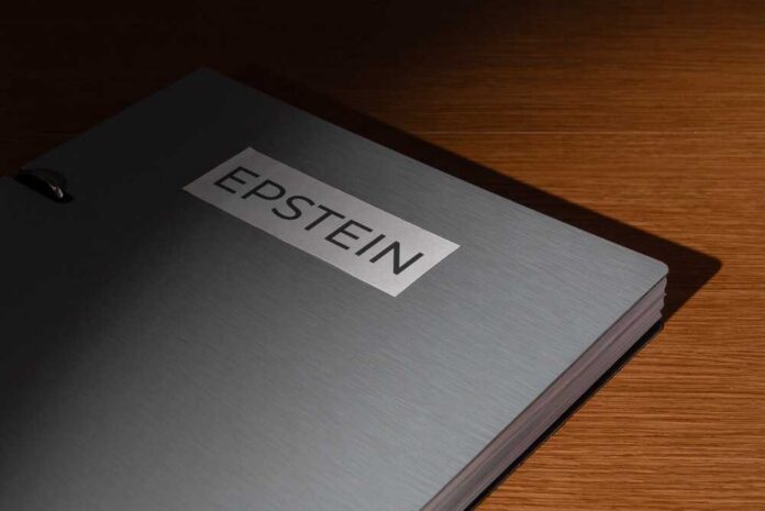 shutterstock_2734507373.jpg Close-up of a metallic binder labeled 'EPSTEIN'
