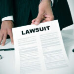 Businessman holding a lawsuit document in an office