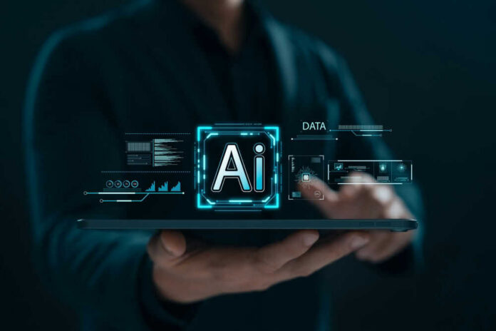 shutterstock_2592607479.jpg Person holding tablet with AI hologram display