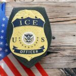 ICE Officer Charged — Video Exposed False Claims ICE officer badge displayed next to the U.S. flag