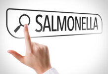 A hand pointing towards the word 'SALMONELLA' with a magnifying glass icon