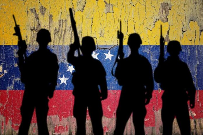 Flag,Of,Venezuela,Painted,On,The,Cracked,Wall,With,Soldier Silhouettes of soldiers in front of the Venezuelan flag
