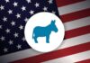 Democrat Sparks Fury With Prison Decision Blue donkey symbol on a background of the American flag